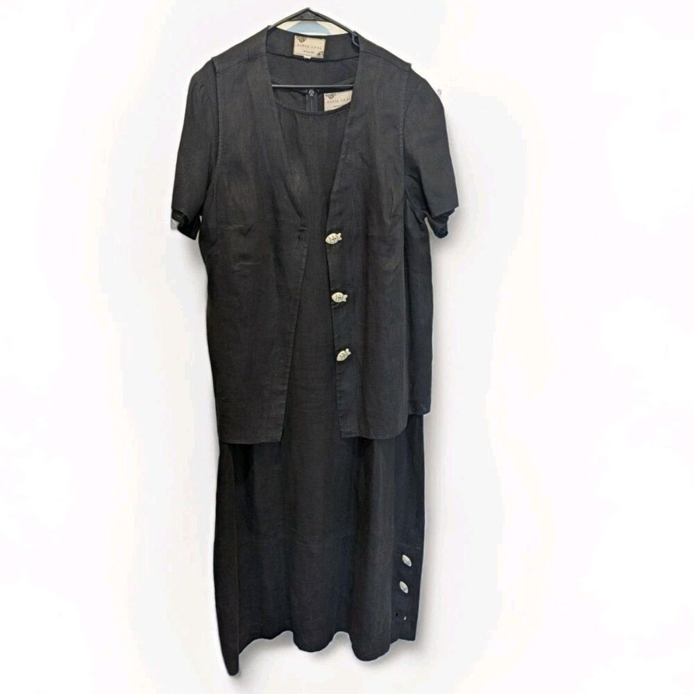 VTG Earth‎ Song Black 100% Linen Dress & Vest Minimalist Size 18W Quiet Luxury